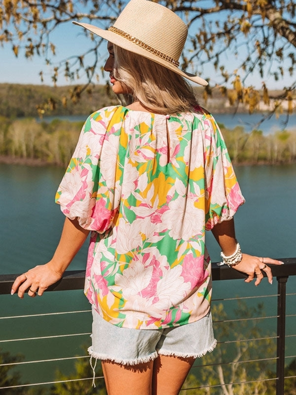 Flying Tomato Green Yellow Pink Floral Puff-Sleeve Blouse. NWOT Size Small - Picture 7 of 14